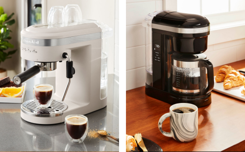 An espresso machine next to a coffee maker in different kitchens