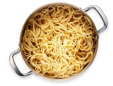 pasta A pot with spaghetti noodles.