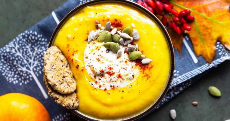 A bowl of creamy roasted vegetable soup