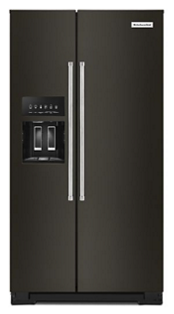 A KitchenAid Side-by-Side Refrigerator in Black Stainless Steel with an exterior water dispenser.